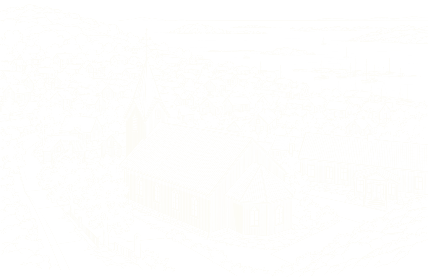 Linjeillustration av Bovallstrand med kyrkan och havet